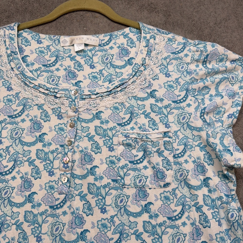 Eileen‎ West Floral Nightshirt Blue Cotton Prairie Cottagecore Large